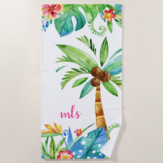 Monogram Tropical Teal Pink Floral Palm Trees Beach Towel (Front)