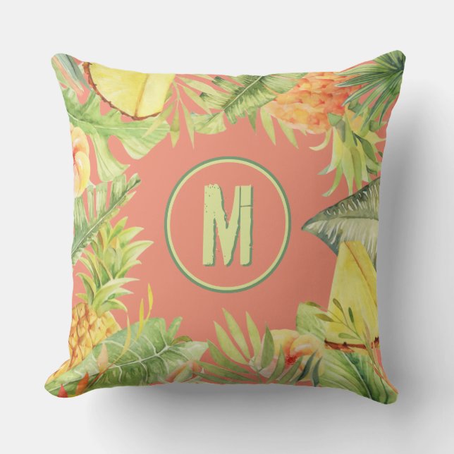 Monogram Tropical Watercolor Flowers Cushion (Front)