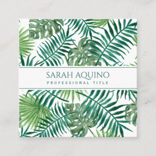 Monogram Tropical Watercolor Palm Leaves Square Business Card
