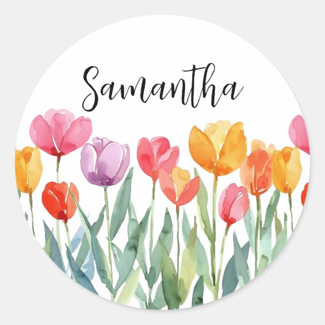 Monogram Tulips Spring Flowers Colourful & Cheerfu Classic Round Sticker (Front)