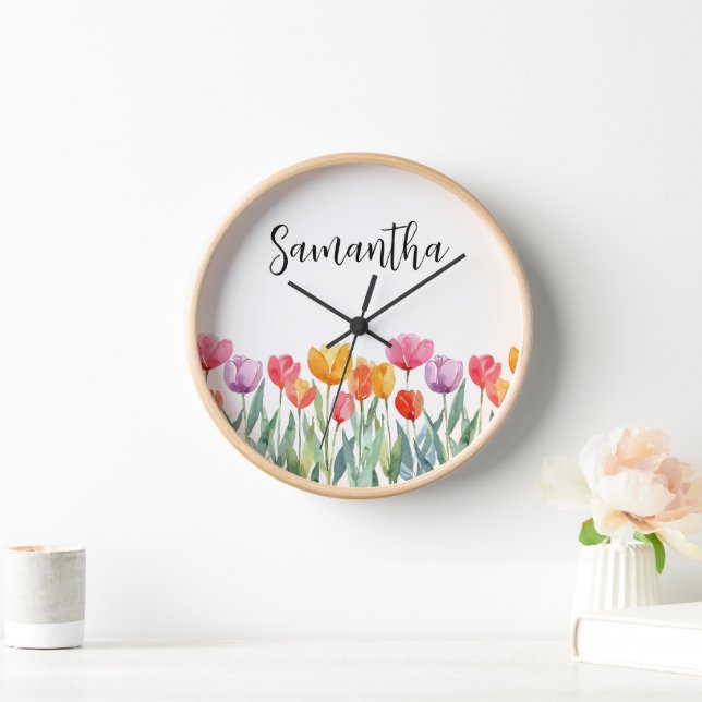 Monogram Tulips Spring Flowers Colourful & Cheerfu Clock (Home)