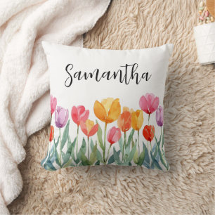 Monogram Tulips Spring Flowers Colourful & Cheerfu Cushion