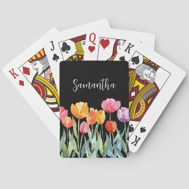Monogram Tulips Spring Flowers Colourful & Cheerfu Playing Cards (Back)