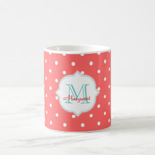 Monogram Turquoise and Coral Polka dots Coffee Mug