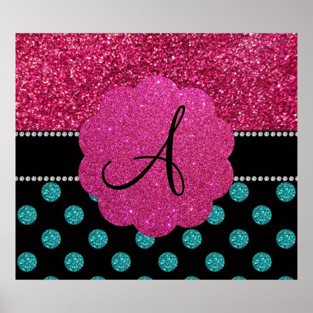 Monogram turquoise and pink polka dots poster (Front)
