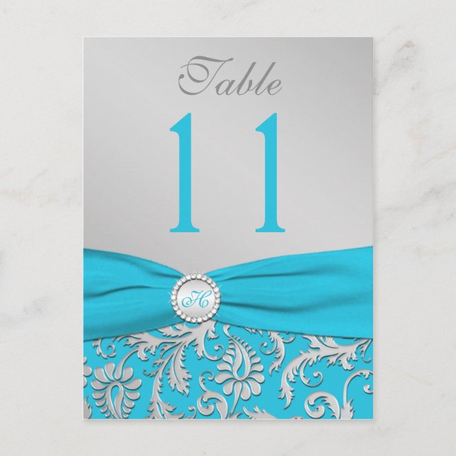 Monogram Turquoise and Silver Damask Table Number Postcard (Front)