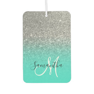 Monogram Turquoise and Silver Ombre Glitter Photo Car Air Freshener