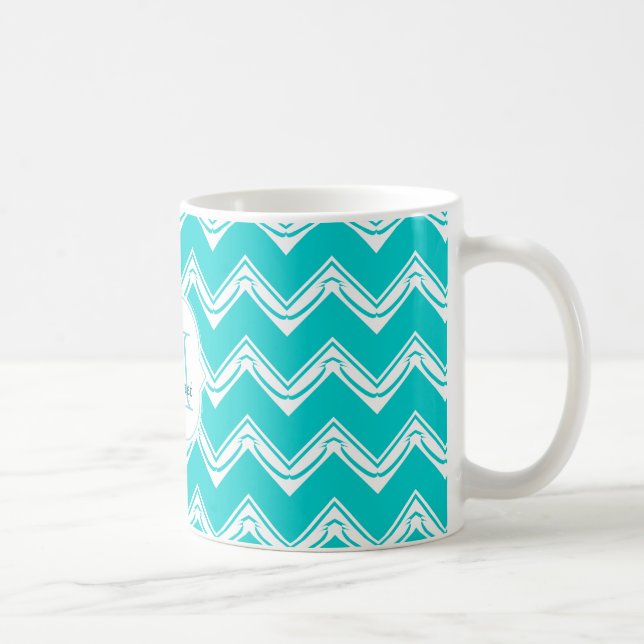 Monogram Turquoise and White Chevron pattern Coffee Mug (Right)