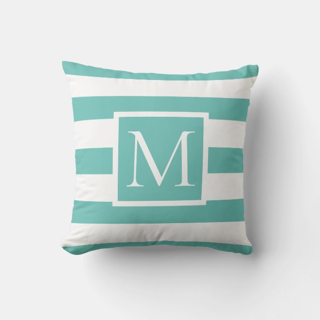 Monogram Turquoise and White Striped  Cushion (Front)