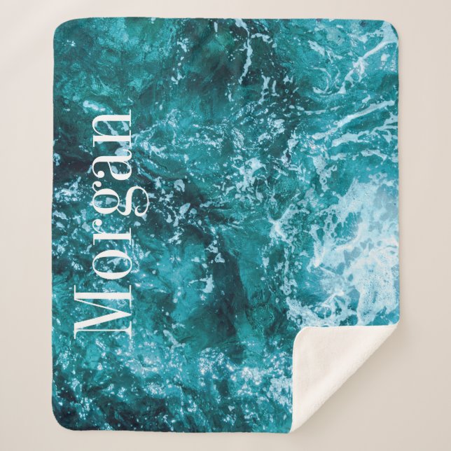 Monogram Turquoise Beach Ocean Custom Sherpa Blanket (Front)
