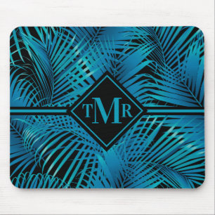 Monogram Turquoise Black Palms Mouse Pad