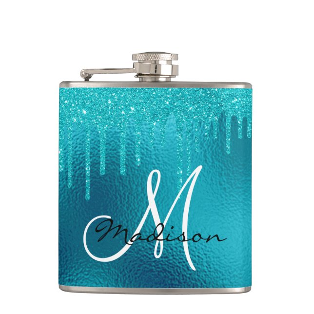 Monogram Turquoise Blue Glitter Drips Girly Hip Flask (Front)