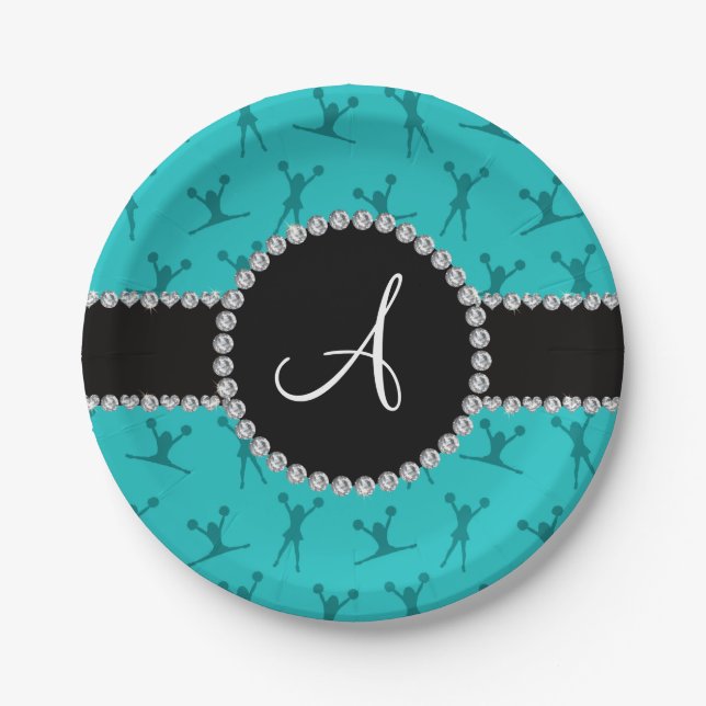 Monogram turquoise cheerleading black circle paper plate (Front)
