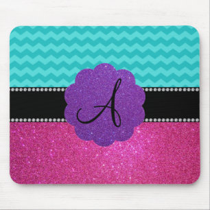 Monogram turquoise chevrons pink glitter mouse pad