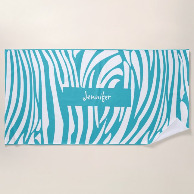 Monogram Turquoise Colour Striped Zebra Pattern Beach Towel (Front)