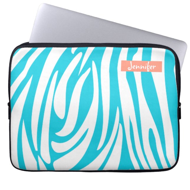 Monogram Turquoise Colour Striped Zebra Pattern Laptop Sleeve (Front)