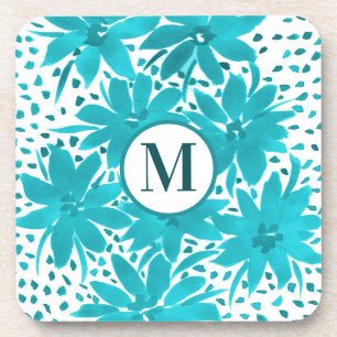 Monogram Turquoise Daisy Watercolor Bouquet Coaster