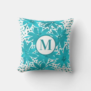 Monogram Turquoise Daisy Watercolor Bouquet Cushion