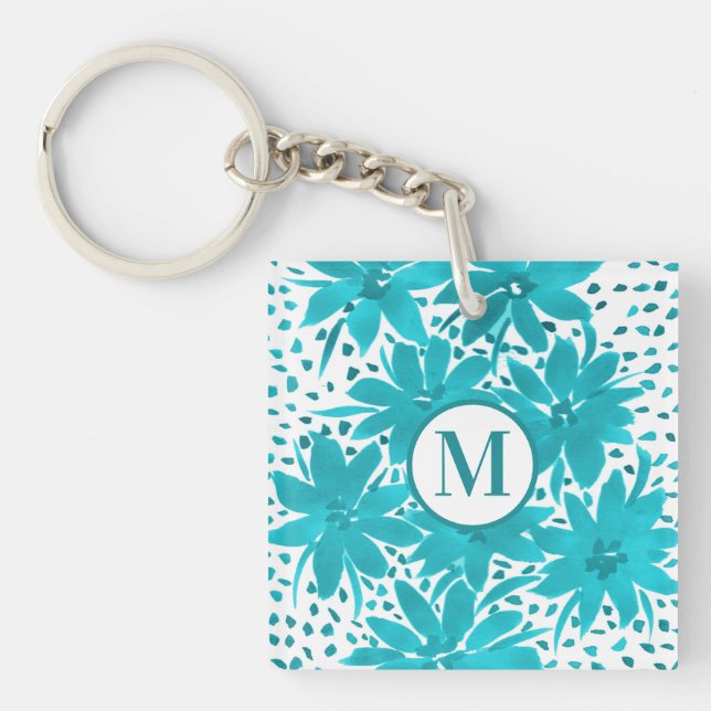 Monogram Turquoise Daisy Watercolor Bouquet        Key Ring (Front)