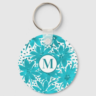 Monogram Turquoise Daisy Watercolor Bouquet Key Ring