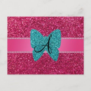 Monogram turquoise glitter butterfly pink postcard