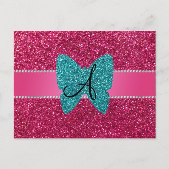 Monogram turquoise glitter butterfly pink postcard (Front)