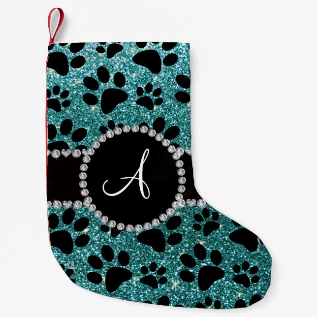 Monogram turquoise glitter dog paws small christmas stocking (Front)