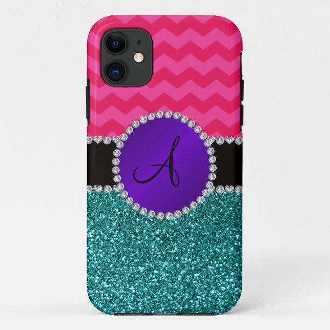 Monogram turquoise glitter hot pink chevrons Case-Mate iPhone case (Back)