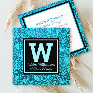 Monogram turquoise leaf pattern modern botanical square business card