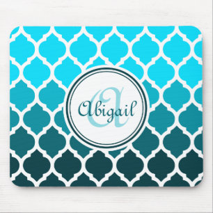 Monogram Turquoise Ombre Moroccan Lattice Pattern Mouse Pad