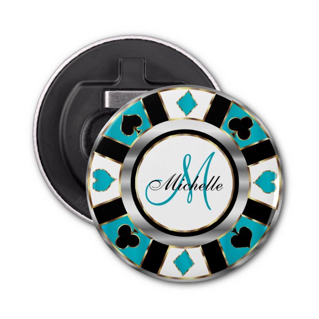 Monogram Turquoise Poker Chip Design Bottle Opener (Front)