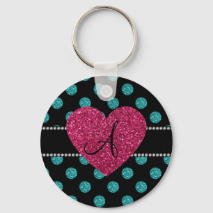 Monogram turquoise polka dots pink heart key ring