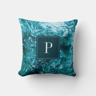 Monogram Turquoise Sea Waves Name Personalised Cushion