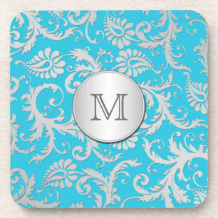Monogram Turquoise Silver Damask Coaster Set (6)