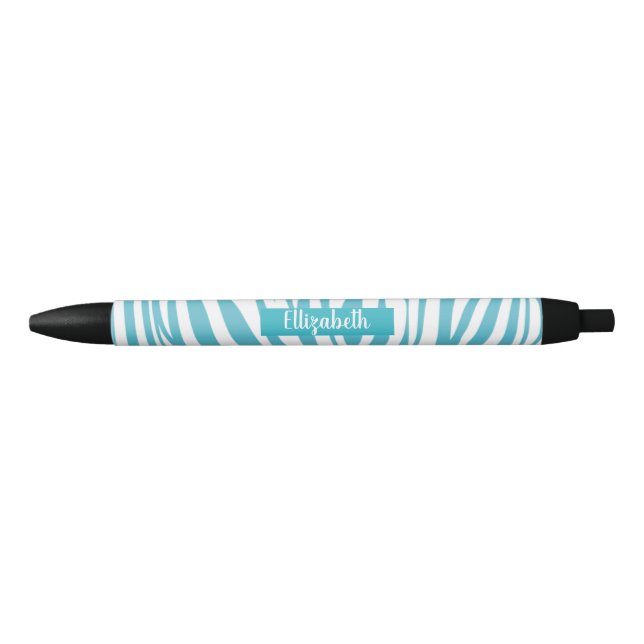 Monogram Turquoise Striped Zebra Pattern Trendy Black Ink Pen (Front)