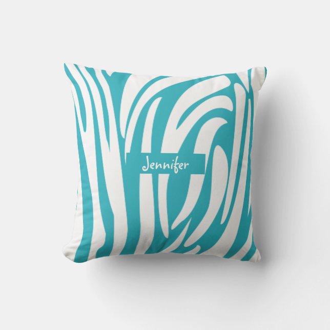 Monogram Turquoise Striped Zebra Pattern Trendy Cushion (Front)