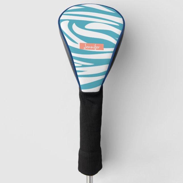 Monogram Turquoise Striped Zebra Pattern Trendy Golf Head Cover (Front)