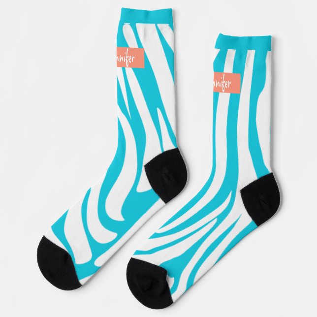 Monogram Turquoise Striped Zebra Pattern Trendy Socks (Left)