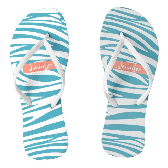 Monogram Turquoise Striped Zebra Pattern Trendy Thongs (Footbed)