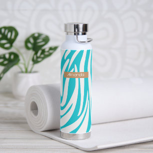 Monogram Turquoise Striped Zebra Pattern Trendy Water Bottle