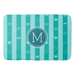 Monogram Turquoise Stripes Modern Heart Pattern Bath Mat