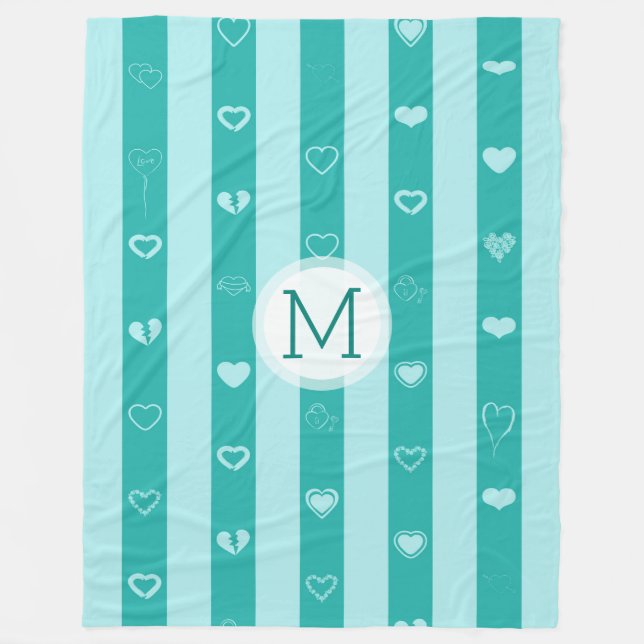 Monogram Turquoise Stripes Modern Heart Pattern Fleece Blanket (Front)