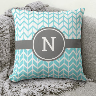 Monogram Turquoise White Chevron Pattern Bold Grey Cushion