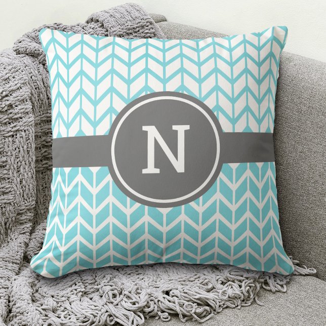 Monogram Turquoise White Chevron Pattern Bold Grey Cushion (Creator Uploaded)