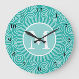 Monogram Turquoise White Spirals - Personalised Large Clock