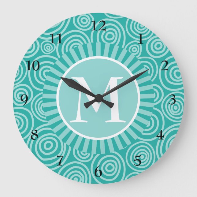 Monogram Turquoise White Spirals - Personalised Large Clock (Front)