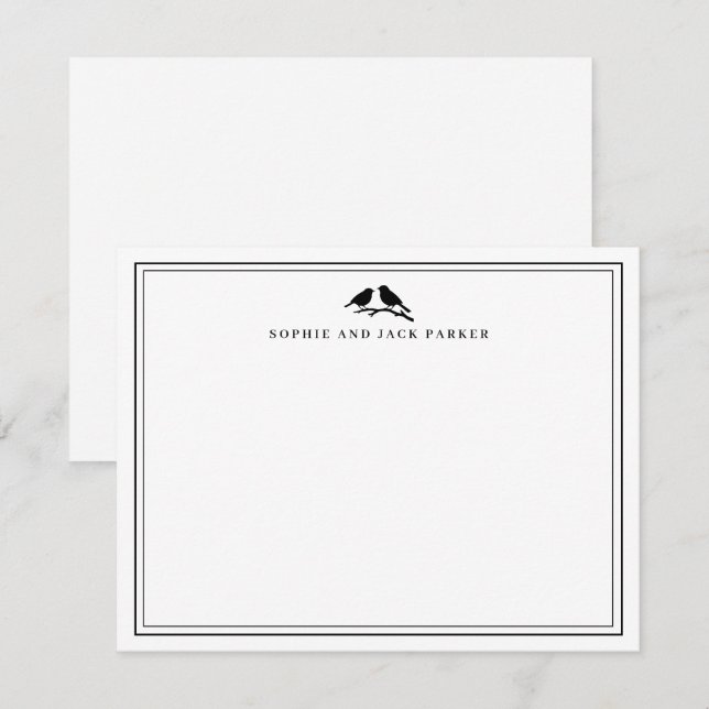 Monogram Two Borders Elegant Birds Flat Note Card (Front/Back)