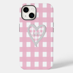 Monogram Two Initials Pink Buffalo Check Heart iPhone 14 Case