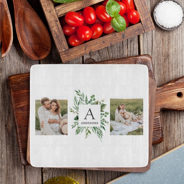 Monogram Two Photos | Personalised Greenery Frame Cutting Board (Creator Uploaded)