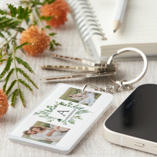 Monogram Two Photos | Personalised Greenery Frame Key Ring (Front Right)